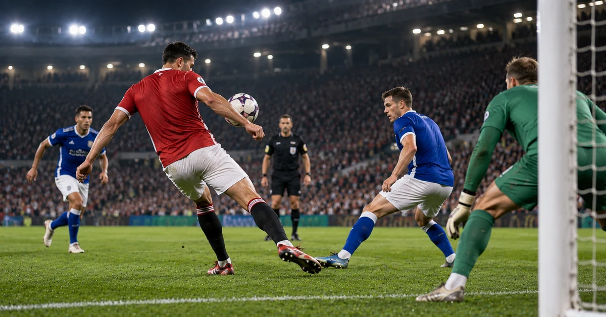 A footballer controlling the ball near goal during a disputed handball situation under stadium floodlights.