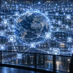 Illustration of a future global network populated by vast numbers of interconnected AI agents.