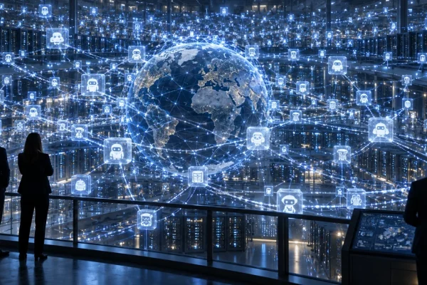 Illustration of a future global network populated by vast numbers of interconnected AI agents.