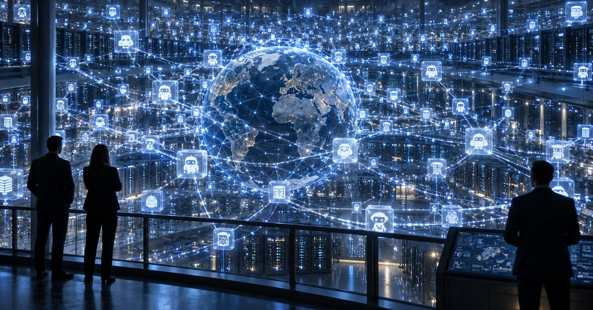 Illustration of a future global network populated by vast numbers of interconnected AI agents.