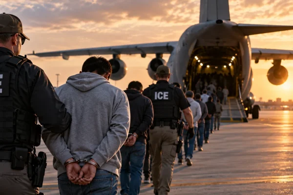 Immigration enforcement officers escorting detainees toward an aircraft at sunset