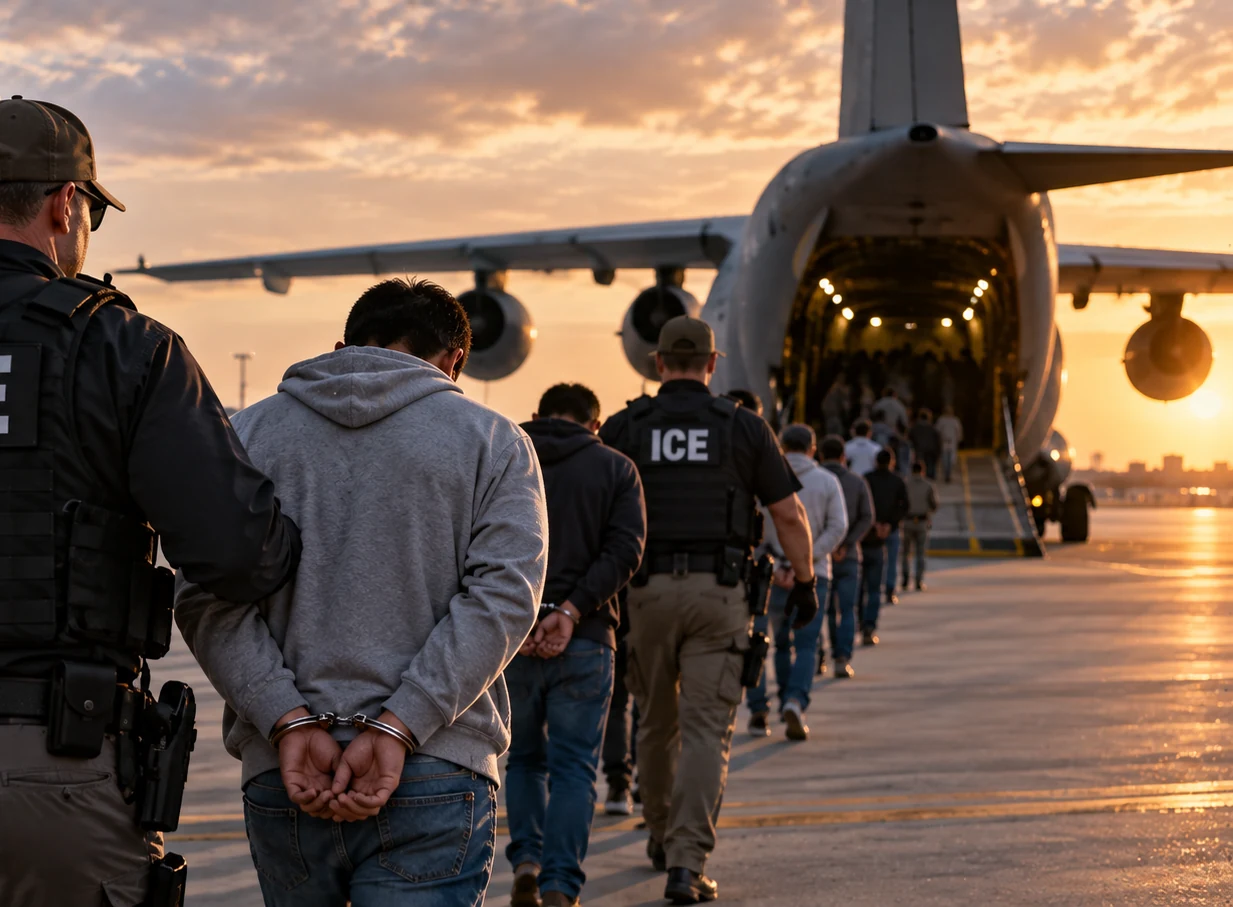 Immigration enforcement officers escorting detainees toward an aircraft at sunset