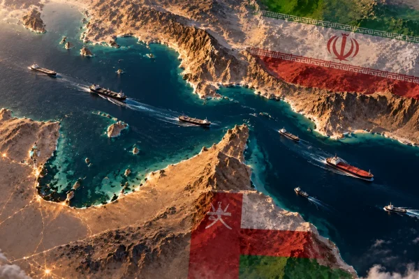 Aerial geopolitical view of the Strait of Hormuz between Iran and Oman with commercial tankers passing through