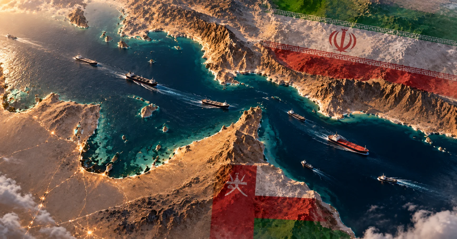 Aerial geopolitical view of the Strait of Hormuz between Iran and Oman with commercial tankers passing through