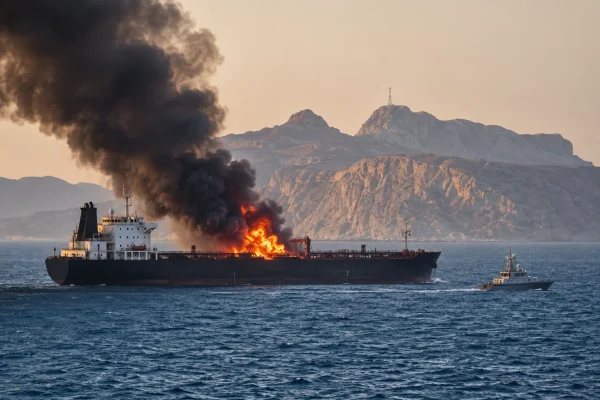 Commercial vessel on fire in a narrow Middle Eastern waterway with a patrol boat approaching