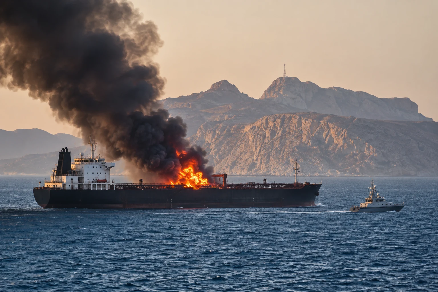Commercial vessel on fire in a narrow Middle Eastern waterway with a patrol boat approaching