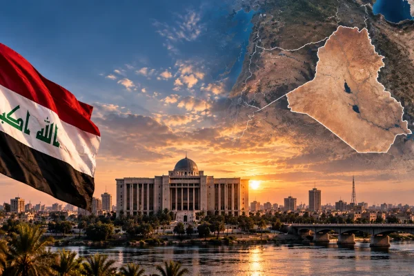 Iraqi flag overlooking Baghdad with a regional map highlighting Iraq