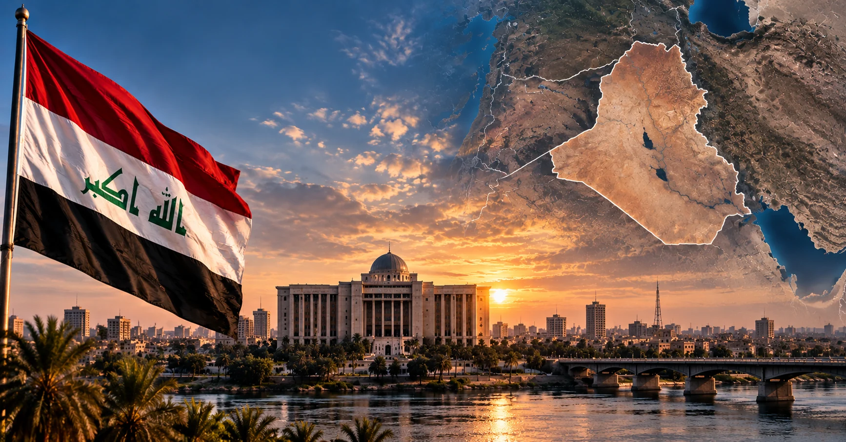 Iraqi flag overlooking Baghdad with a regional map highlighting Iraq