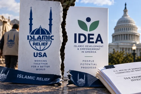 Illustration representing Islamic Relief USA's separation and rebrand amid scrutiny in Washington.