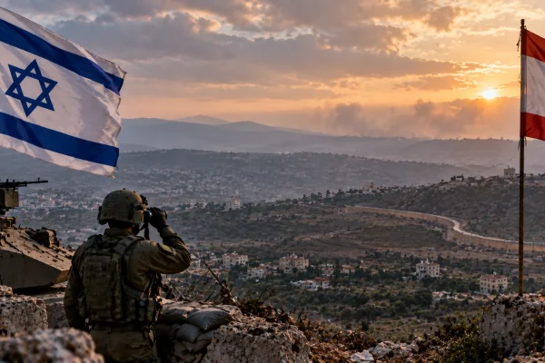 Israeli and Lebanese flags overlooking a tense border landscape at sunset