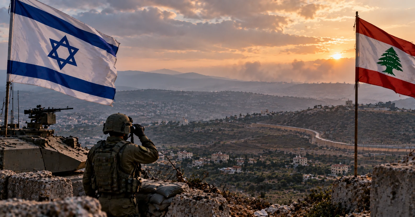 Israeli and Lebanese flags overlooking a tense border landscape at sunset