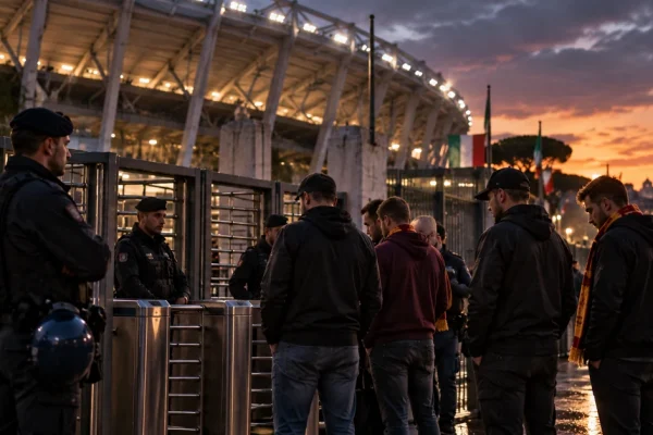 Illustration of police restricting football supporters from entering a stadium in Rome.