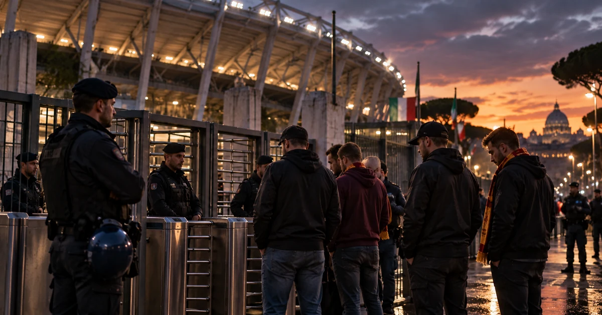 Illustration of police restricting football supporters from entering a stadium in Rome.