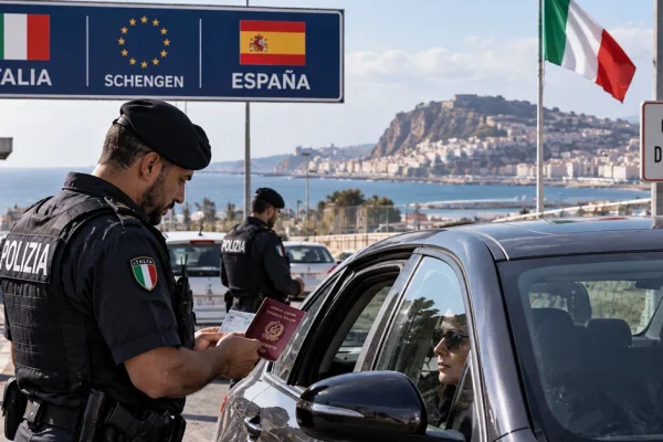Illustration of Italian police carrying out Schengen border checks on travellers arriving from Spain following security concerns linked to Ceuta.
