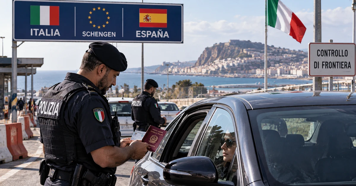 Illustration of Italian police carrying out Schengen border checks on travellers arriving from Spain following security concerns linked to Ceuta.