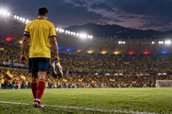 A Colombia footballer walking from the pitch after a match as supporters wave Colombian flags in the stands.