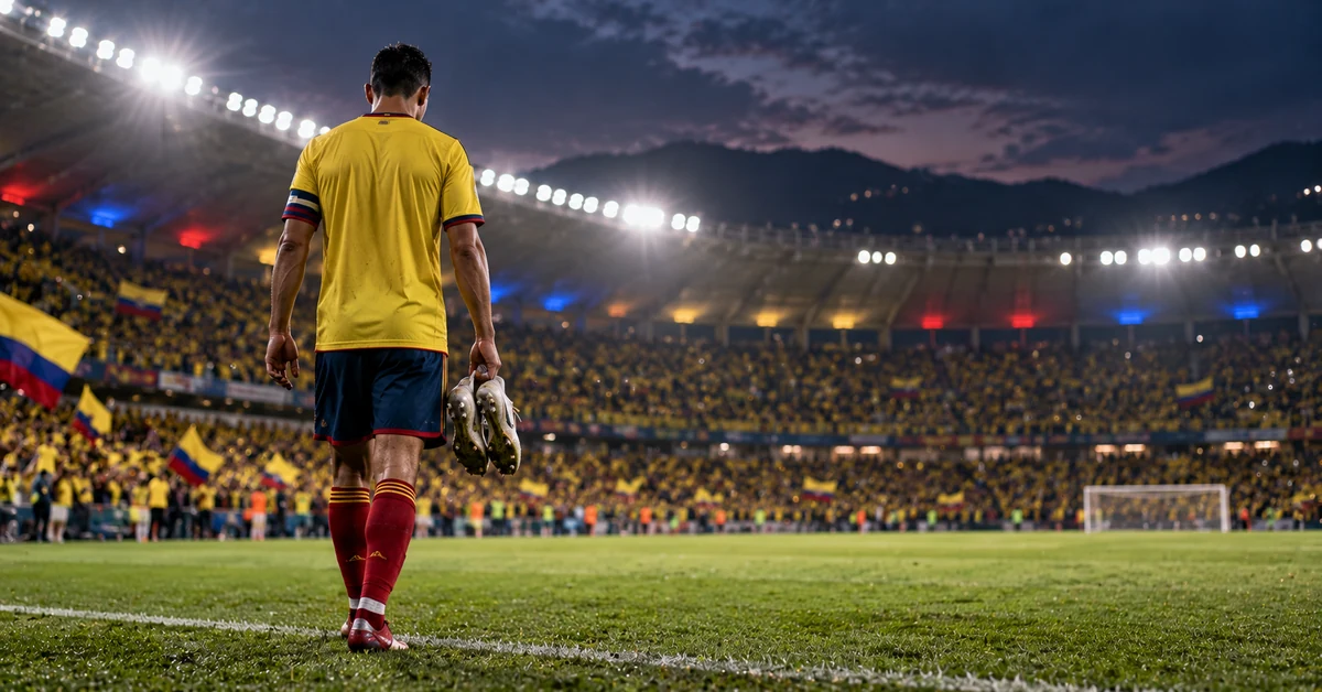 A Colombia footballer walking from the pitch after a match as supporters wave Colombian flags in the stands.