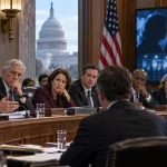 Illustration of a bipartisan US Senate committee hearing on government pressure, free speech and private media platforms.