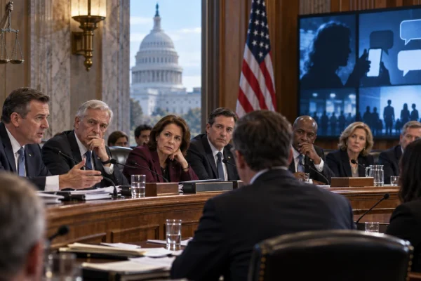Illustration of a bipartisan US Senate committee hearing on government pressure, free speech and private media platforms.