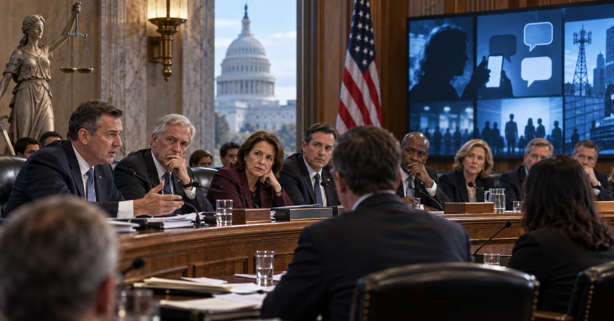 Illustration of a bipartisan US Senate committee hearing on government pressure, free speech and private media platforms.
