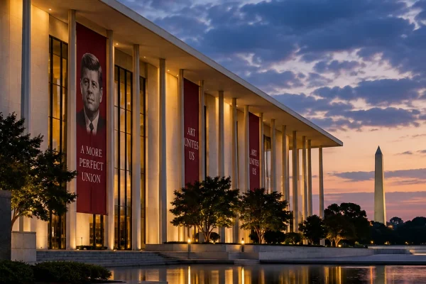 The Kennedy Center in Washington illuminated at dusk with the American flag and Washington Monument nearby
