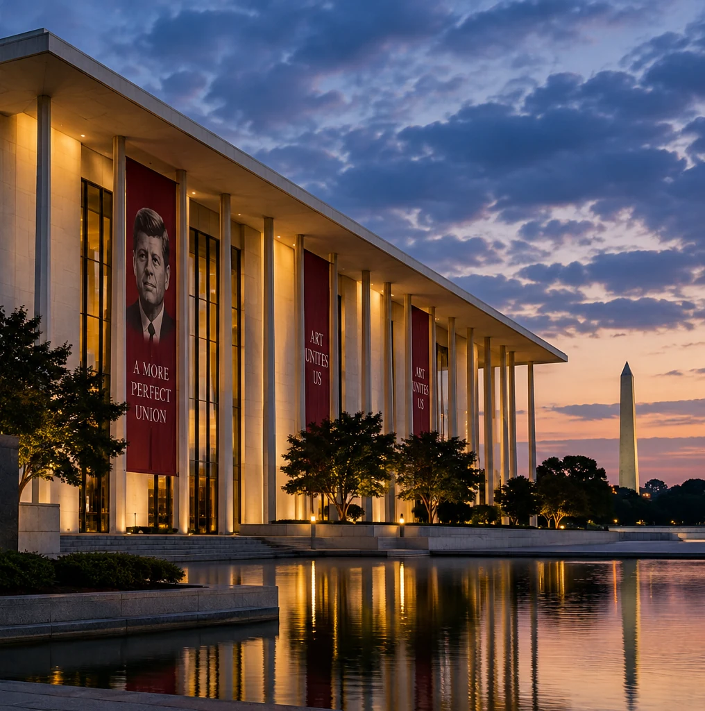 The Kennedy Center in Washington illuminated at dusk with the American flag and Washington Monument nearby