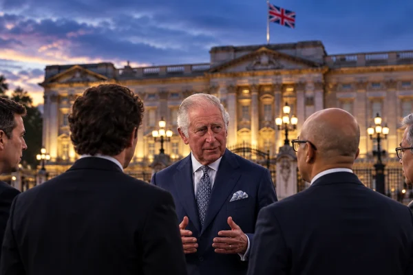 King Charles speaking with technology executives outside Buckingham Palace at dusk