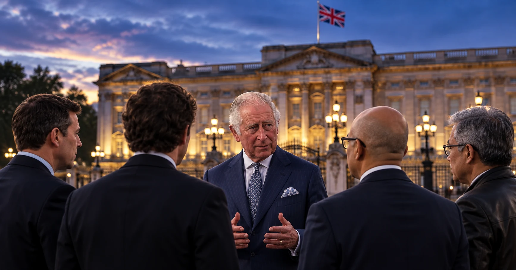 King Charles speaking with technology executives outside Buckingham Palace at dusk