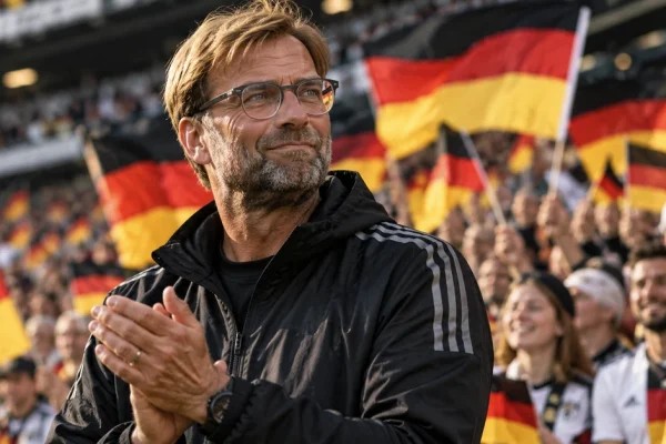 Illustration of Jürgen Klopp in a football stadium surrounded by supporters waving German flags.