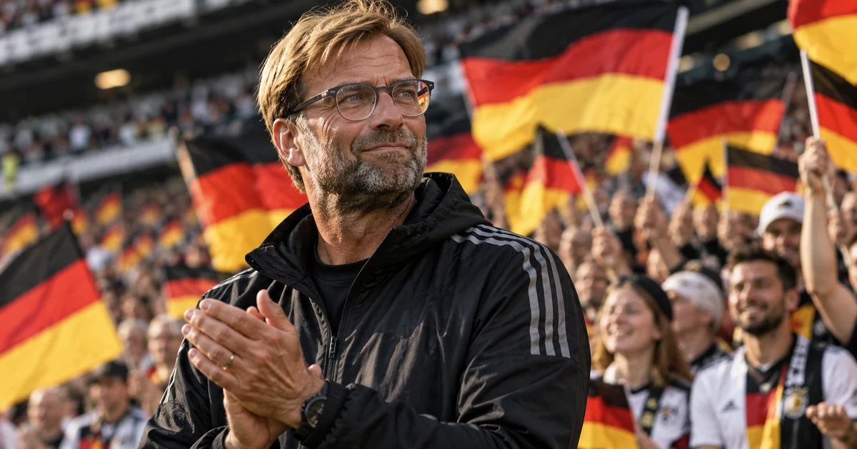 Illustration of Jürgen Klopp in a football stadium surrounded by supporters waving German flags.