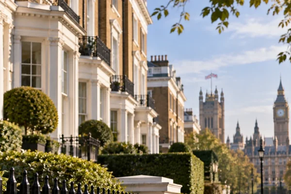 Editorial illustration of high-value London homes with Westminster in the distance, representing discussion of a lower property-surcharge threshold.
