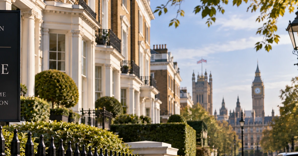 Editorial illustration of high-value London homes with Westminster in the distance, representing discussion of a lower property-surcharge threshold.