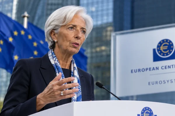 ECB President Christine Lagarde speaking outside the European Central Bank with European Union flags