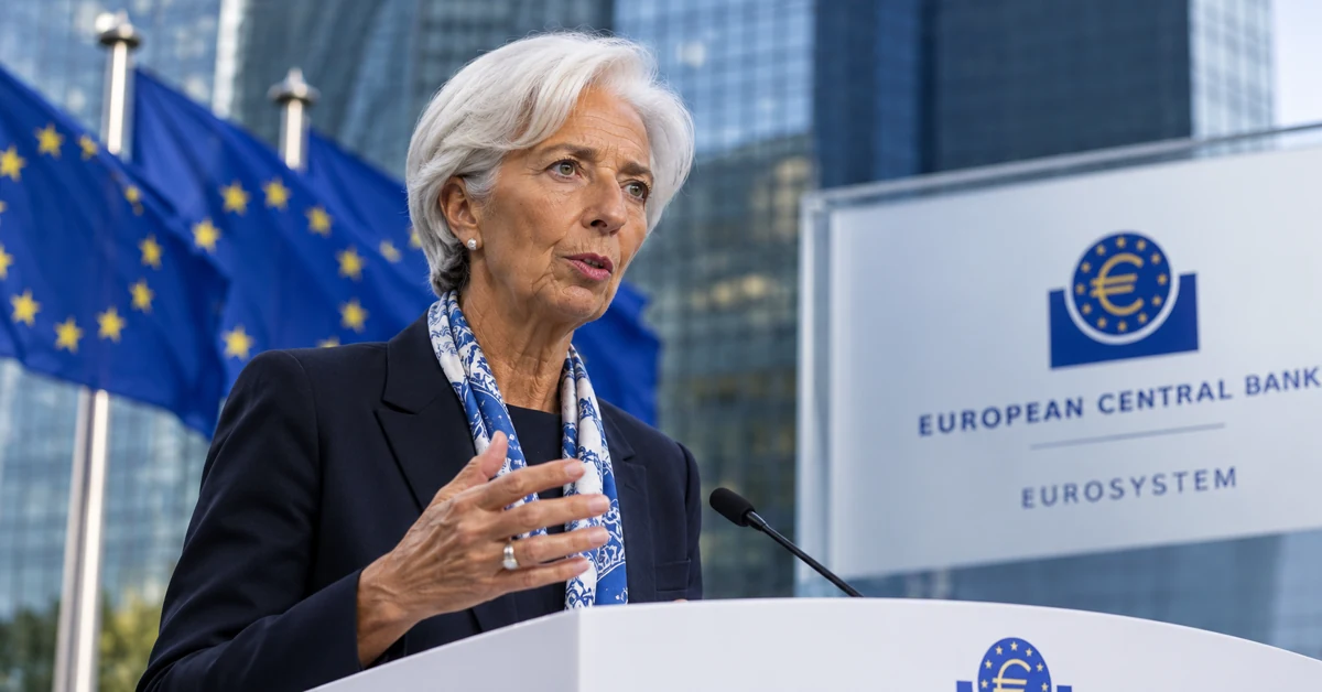 ECB President Christine Lagarde speaking outside the European Central Bank with European Union flags