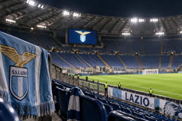 Mostly empty football stadium with Lazio colours and supporter scarves during an ongoing fan boycott