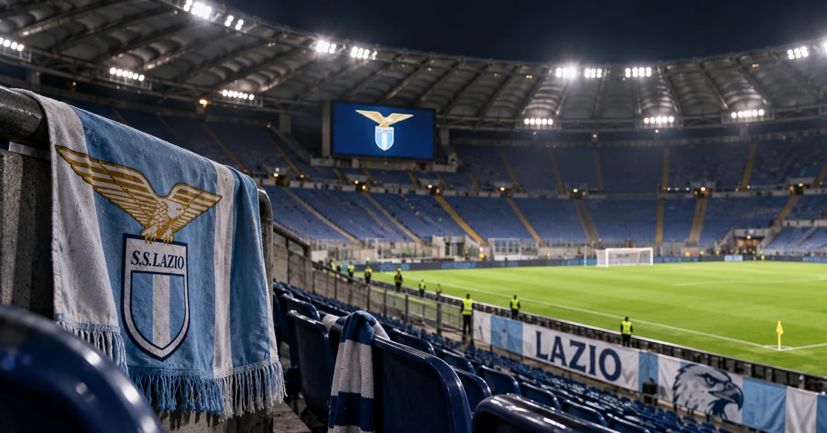 Mostly empty football stadium with Lazio colours and supporter scarves during an ongoing fan boycott