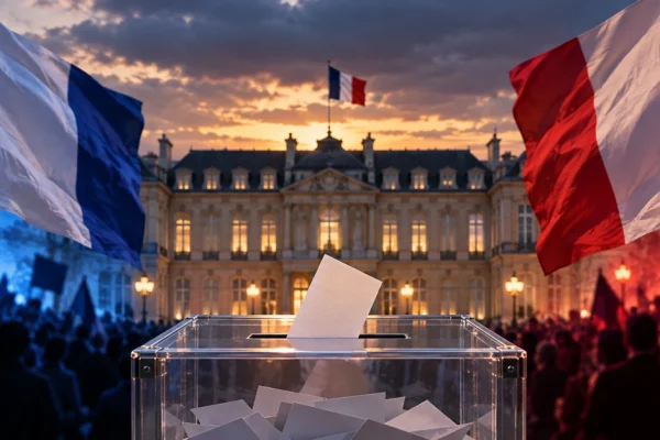 French ballot box outside a presidential palace framed by French flags and opposing political crowds