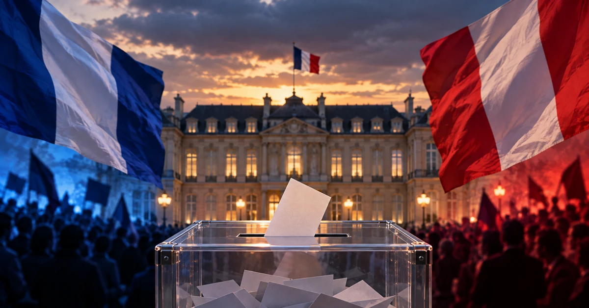 French ballot box outside a presidential palace framed by French flags and opposing political crowds