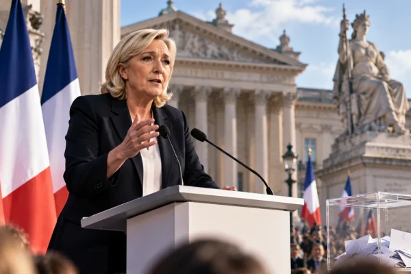 Illustration of Marine Le Pen addressing a political event in France beside a ballot box.