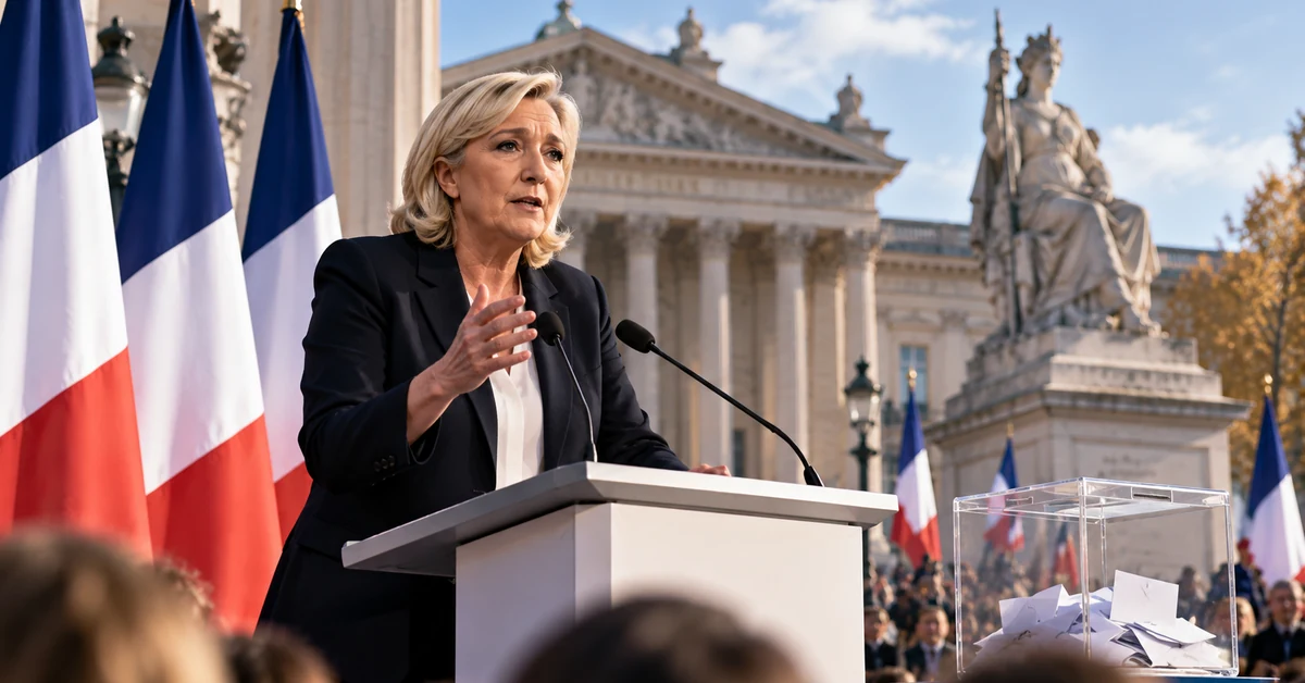 Illustration of Marine Le Pen addressing a political event in France beside a ballot box.