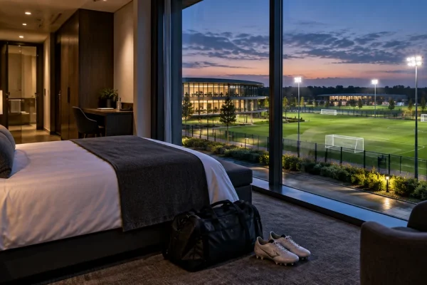 A luxury bedroom overlooking floodlit football training pitches, illustrating reported accommodation charges at Leicester City's Seagrave complex.
