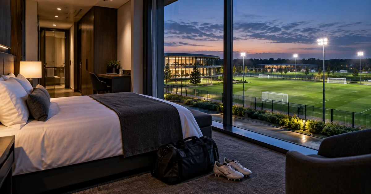 A luxury bedroom overlooking floodlit football training pitches, illustrating reported accommodation charges at Leicester City's Seagrave complex.