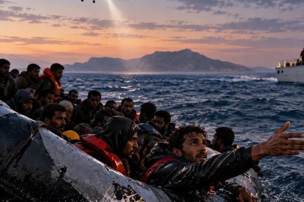 Greek maritime rescue operation assisting migrants from a damaged boat at sea