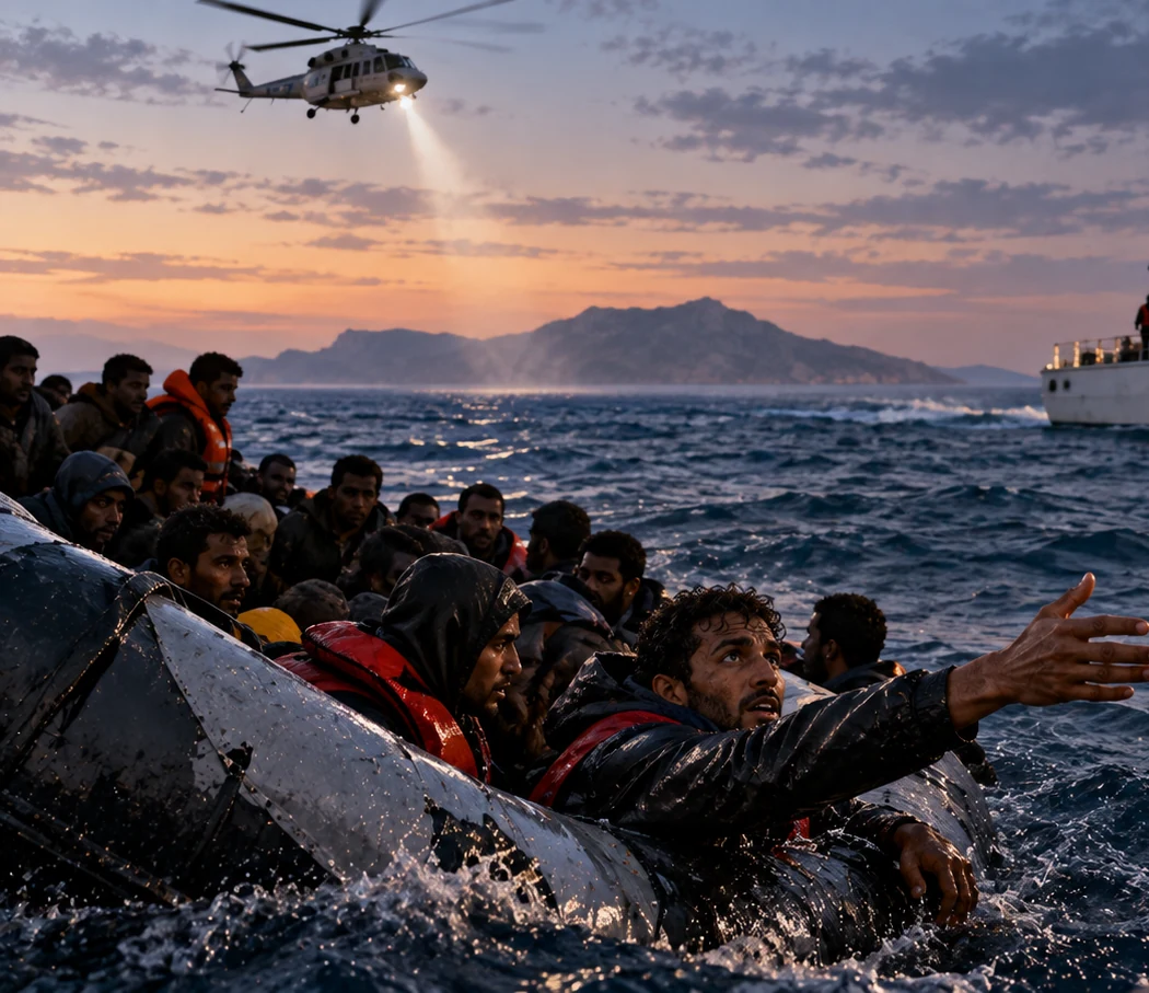 Greek maritime rescue operation assisting migrants from a damaged boat at sea