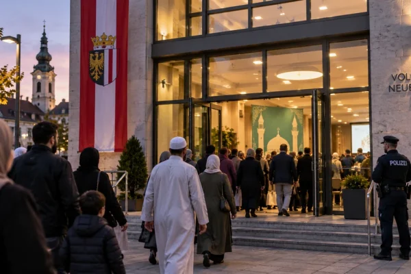 Illustration of people arriving at a municipal cultural venue in Linz for an Islamic event while Austrian police monitor the entrance.