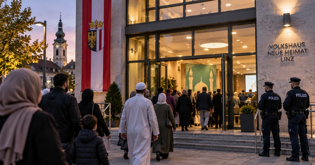 Illustration of people arriving at a municipal cultural venue in Linz for an Islamic event while Austrian police monitor the entrance.