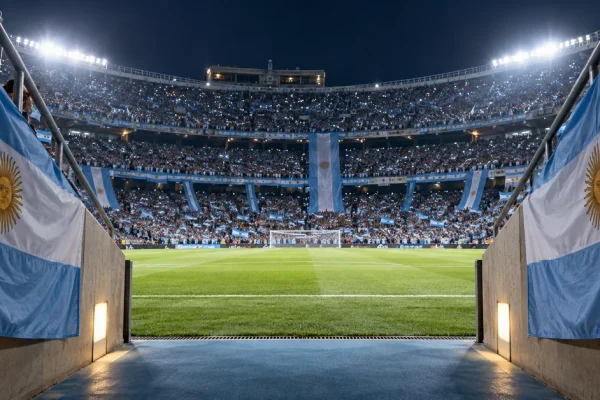 A floodlit football stadium in Buenos Aires filled with Argentina supporters, viewed from the players' tunnel ahead of a farewell appearance.