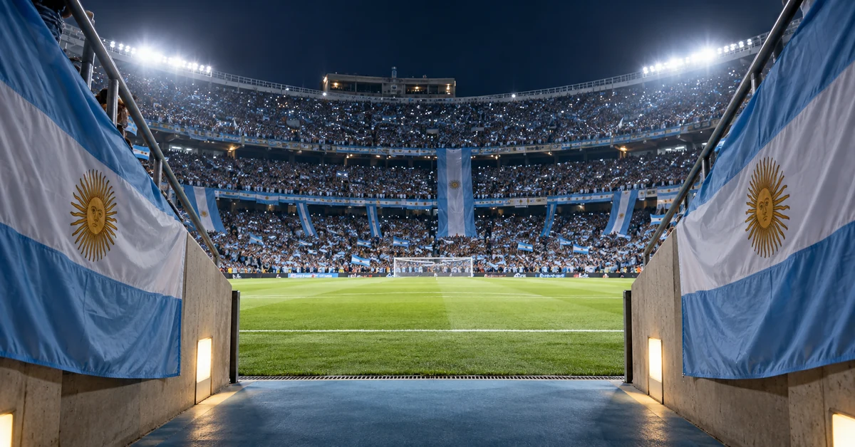 A floodlit football stadium in Buenos Aires filled with Argentina supporters, viewed from the players' tunnel ahead of a farewell appearance.