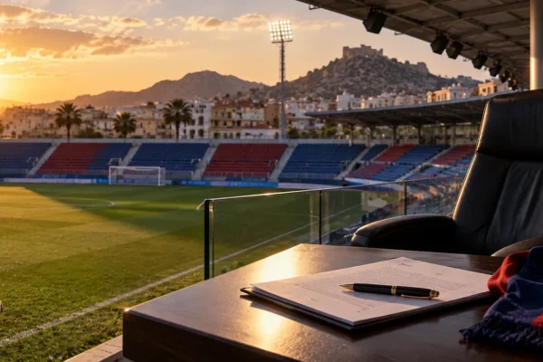 A football stadium executive box with ownership documents overlooking a blue-and-red Spanish football ground.