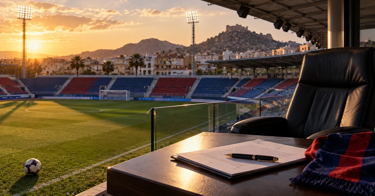 A football stadium executive box with ownership documents overlooking a blue-and-red Spanish football ground.